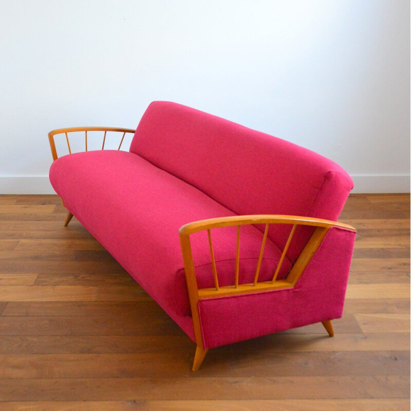 Vintage beechwood and pink fabric sofa bed, 1950-1960