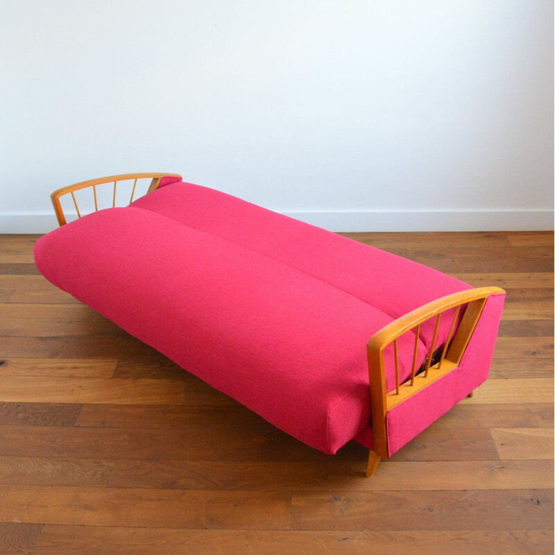 Vintage beechwood and pink fabric sofa bed, 1950-1960