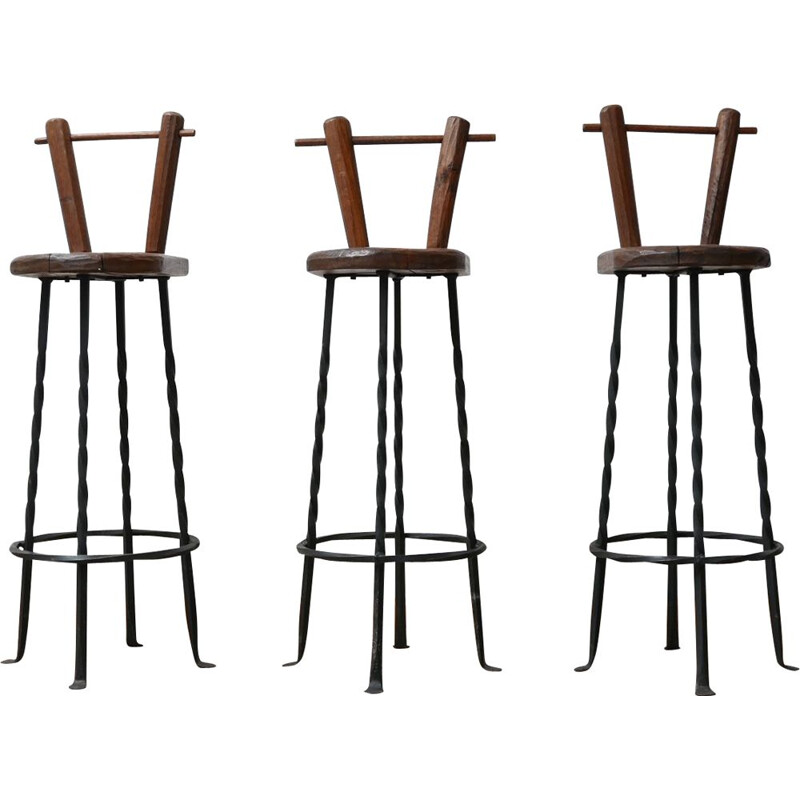 Set of 3 mid-century Brutalist iron bar stools, Belgium 1970s