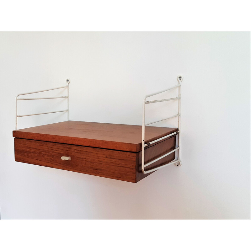 Pair of vintage small teak wall units with drawer by Nisse Strinning for String, Sweden 1950s