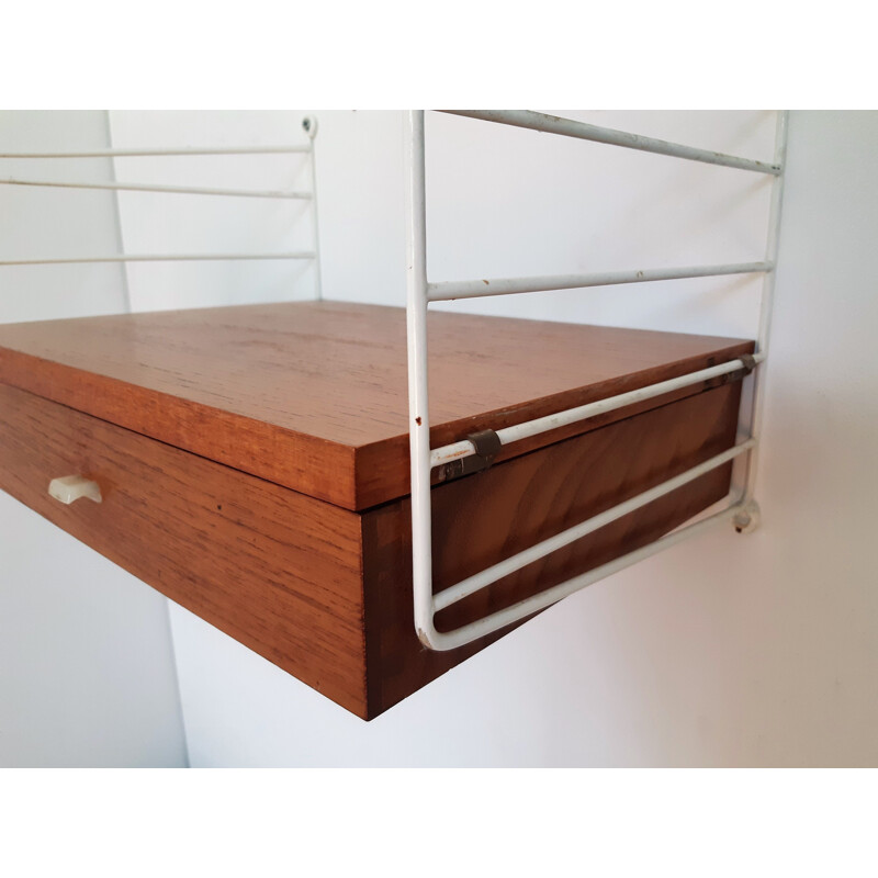 Pair of vintage small teak wall units with drawer by Nisse Strinning for String, Sweden 1950s