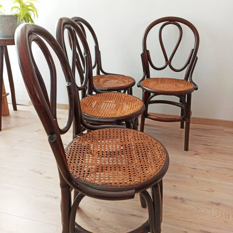 Set of 4 vintage bistro chairs with canes by J Pergay, 1982