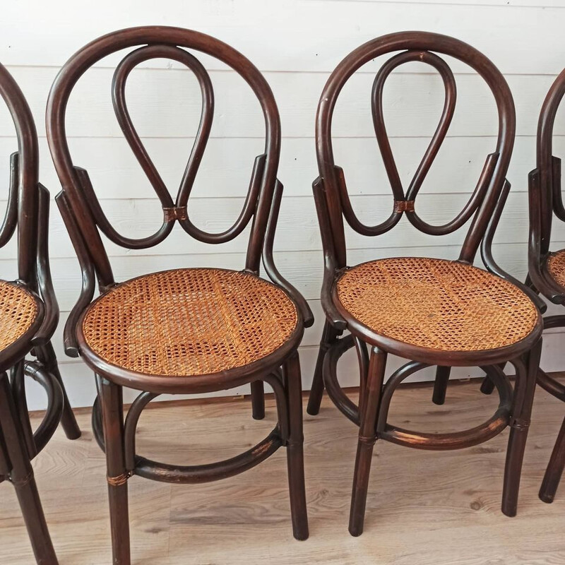 Lot de 4 chaises bistrot vintage cannées par J Pergay, 1982