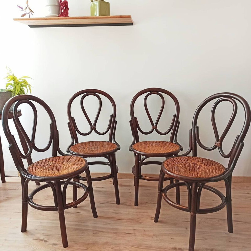 Set of 4 vintage bistro chairs with canes by J Pergay, 1982
