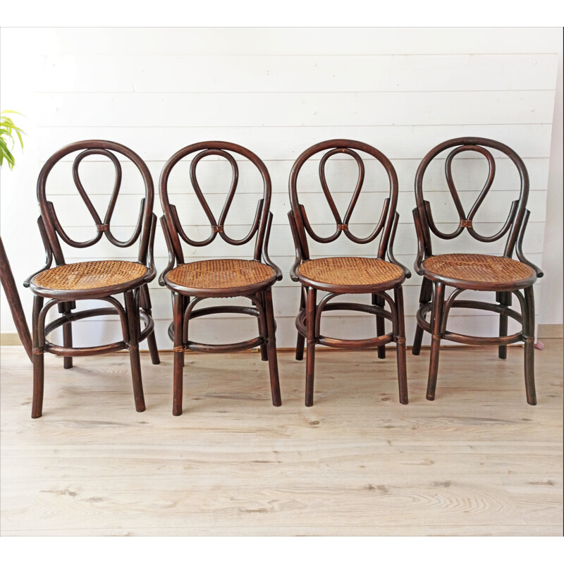 Set of 4 vintage bistro chairs with canes by J Pergay, 1982