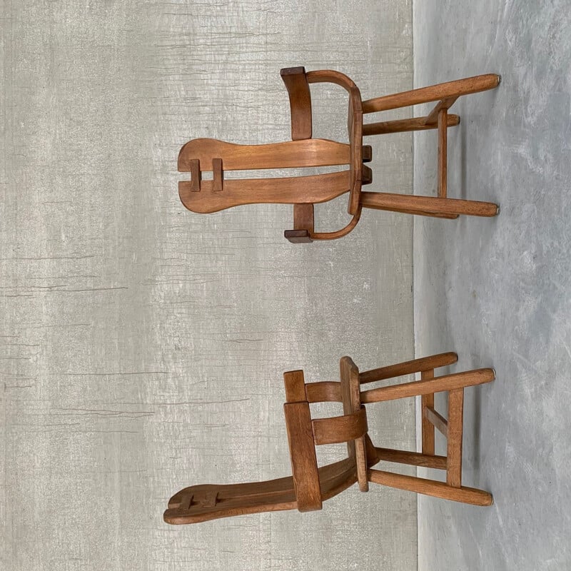 Pair of vintage oakwood brutalist armchairs by De Puydt, Belgium 1970s