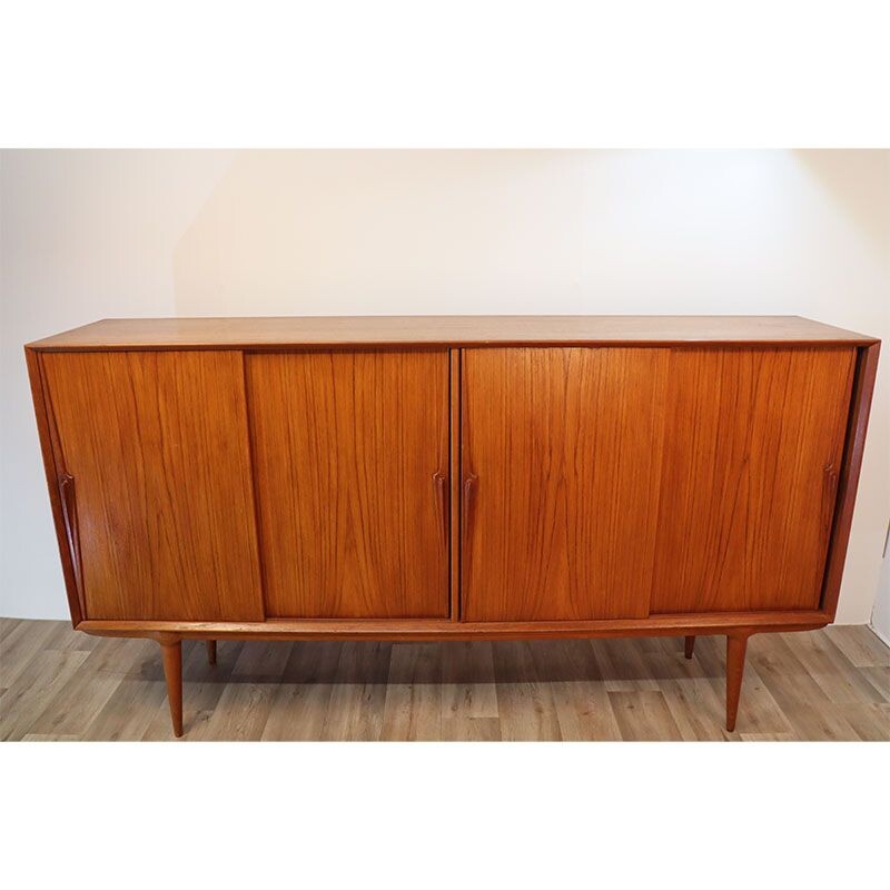 Scandinavian vintage teak sideboard with four sliding doors by Omann Jun, Denmark 1960