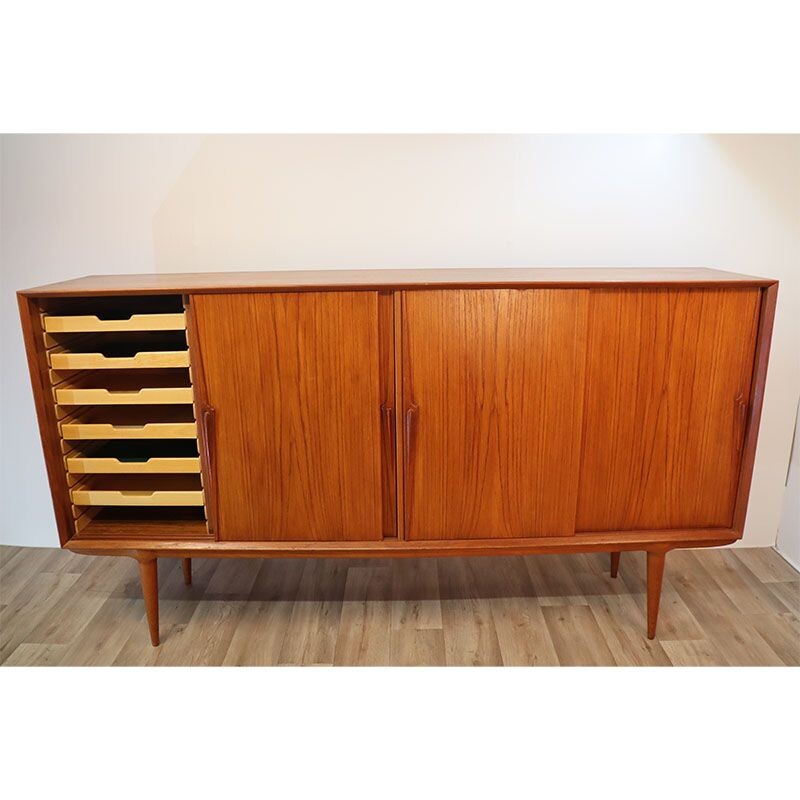 Scandinavian vintage teak sideboard with four sliding doors by Omann Jun, Denmark 1960