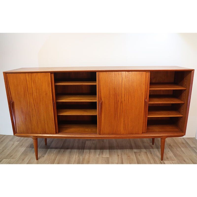 Enfilade scandinave vintage en teck avec quatre portes coulissantes par Omann Jun, Danemark 1960