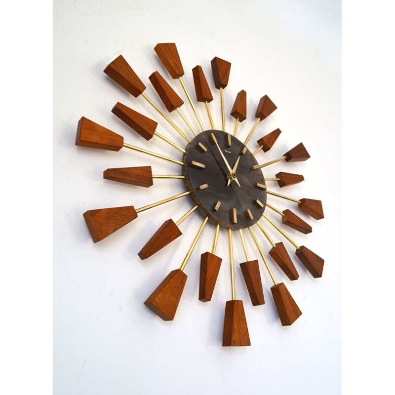 Starburst teak Wallclock by Manley - 1950s