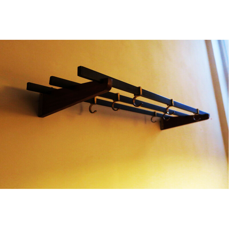 Vintage teak, brass and black metal coat rack, 1960s