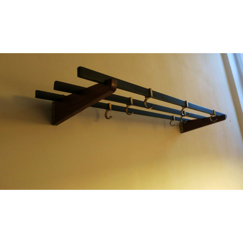 Vintage teak, brass and black metal coat rack, 1960s