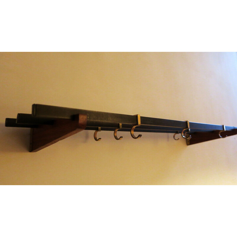 Vintage teak, brass and black metal coat rack, 1960s