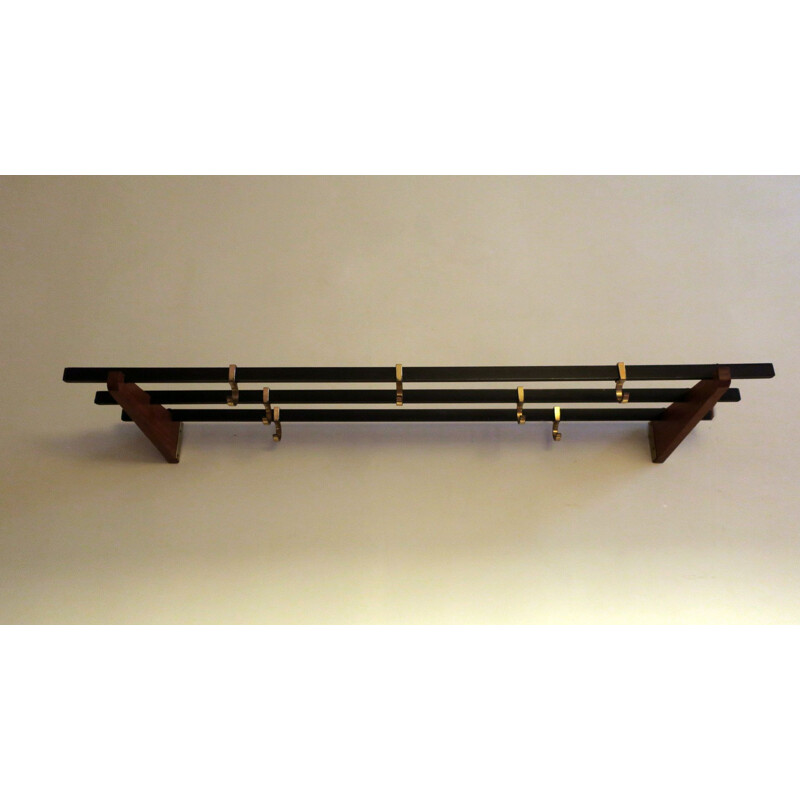 Vintage teak, brass and black metal coat rack, 1960s