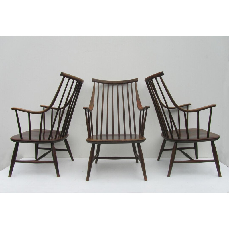 Ensemble de 3 fauteuils "Grandezza" Nesto en bouleau, Lena LARSSON - 1960