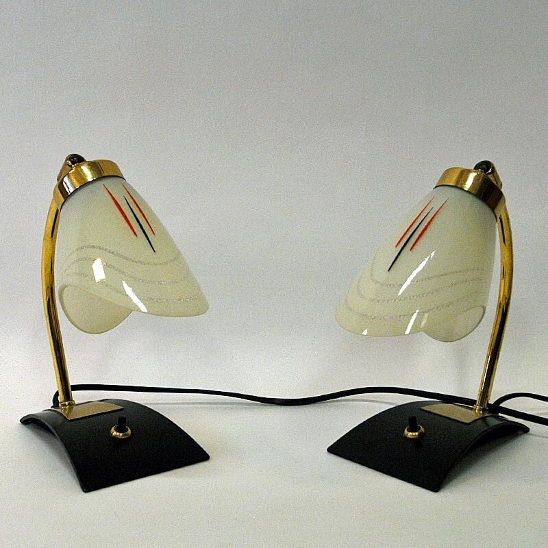 Scandinavian pair of vintage glass and brass table lamps, 1950s
