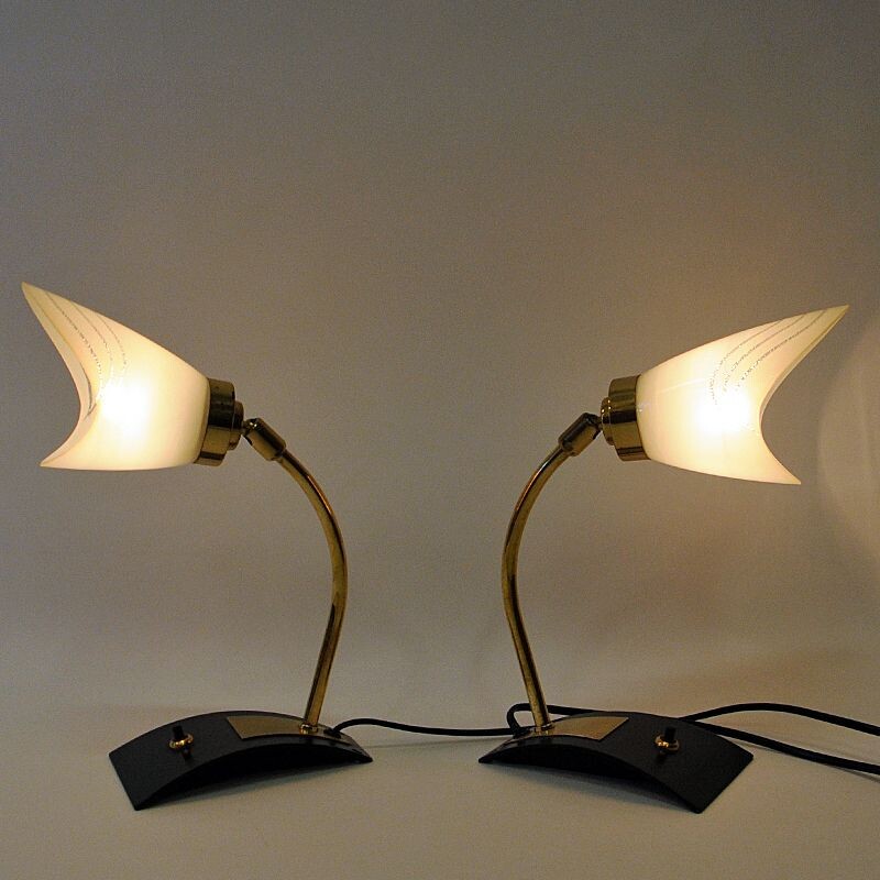 Paire de lampes de table scandinaves vintage en verre et laiton, 1950