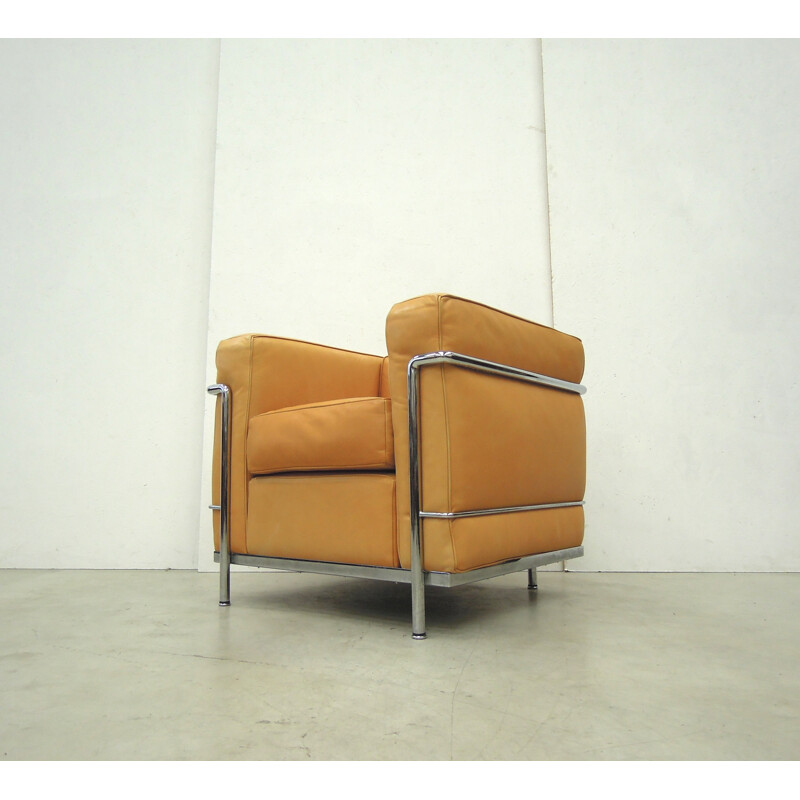 Italian Cassina "LC2" club chair in cognac leather, Le CORBUSIER - 1980s