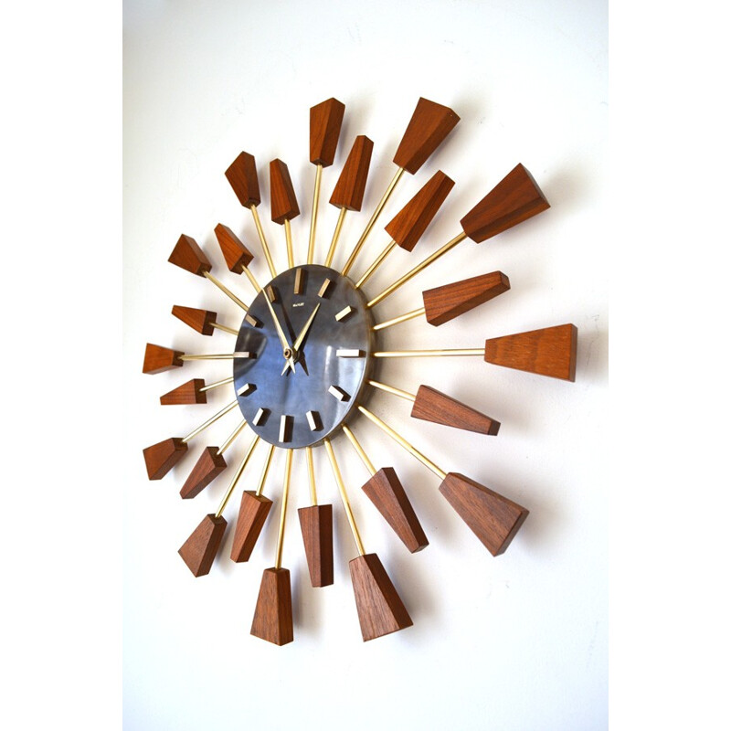 Starburst teak Wallclock by Manley - 1950s