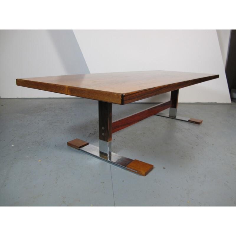 Table basse rectangulaire Sibast en palissandre et acier chromé - 1960 