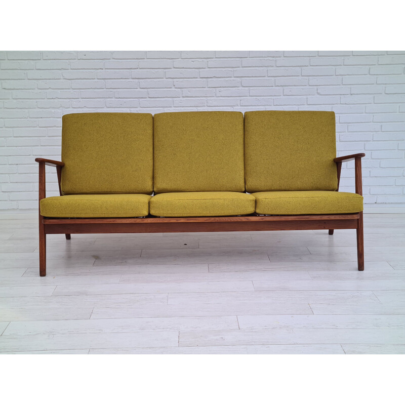 Danish vintage wool and teak wood 3 seater sofa, 1960s