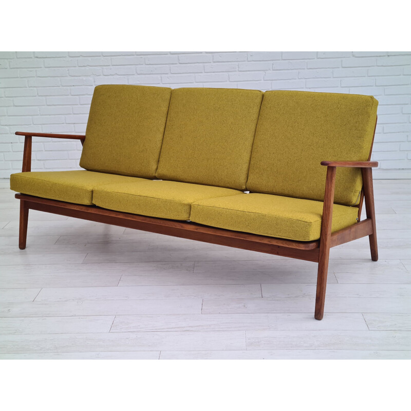 Danish vintage wool and teak wood 3 seater sofa, 1960s