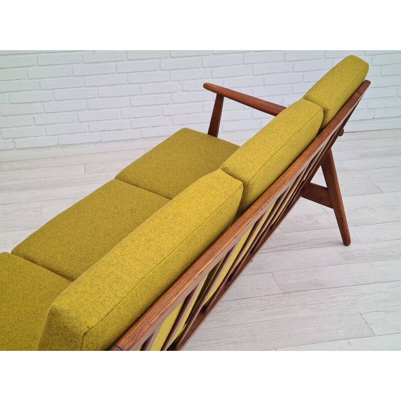 Danish vintage wool and teak wood 3 seater sofa, 1960s