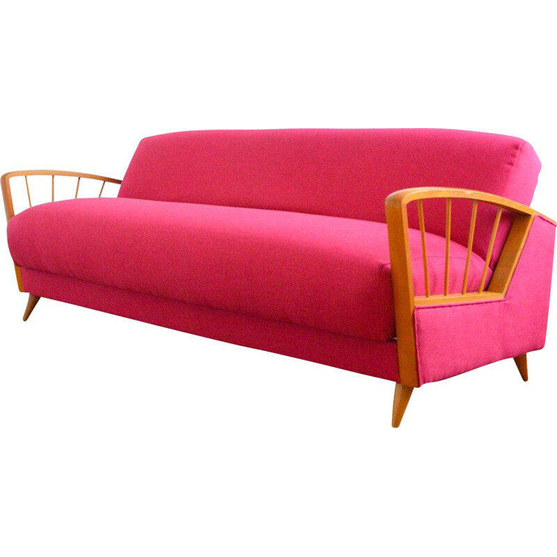 Vintage beechwood and pink fabric sofa bed, 1950-1960