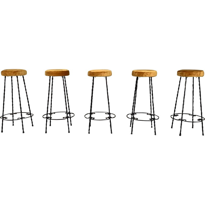 Set of 5 vintage brutalist iron bar stools, Belgium 1970s