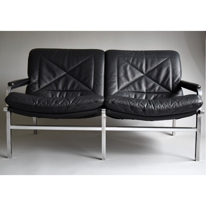 Canapé vintage en aluminium et cuir noir par Andre Vanden Beuck pour Strässle, 1960