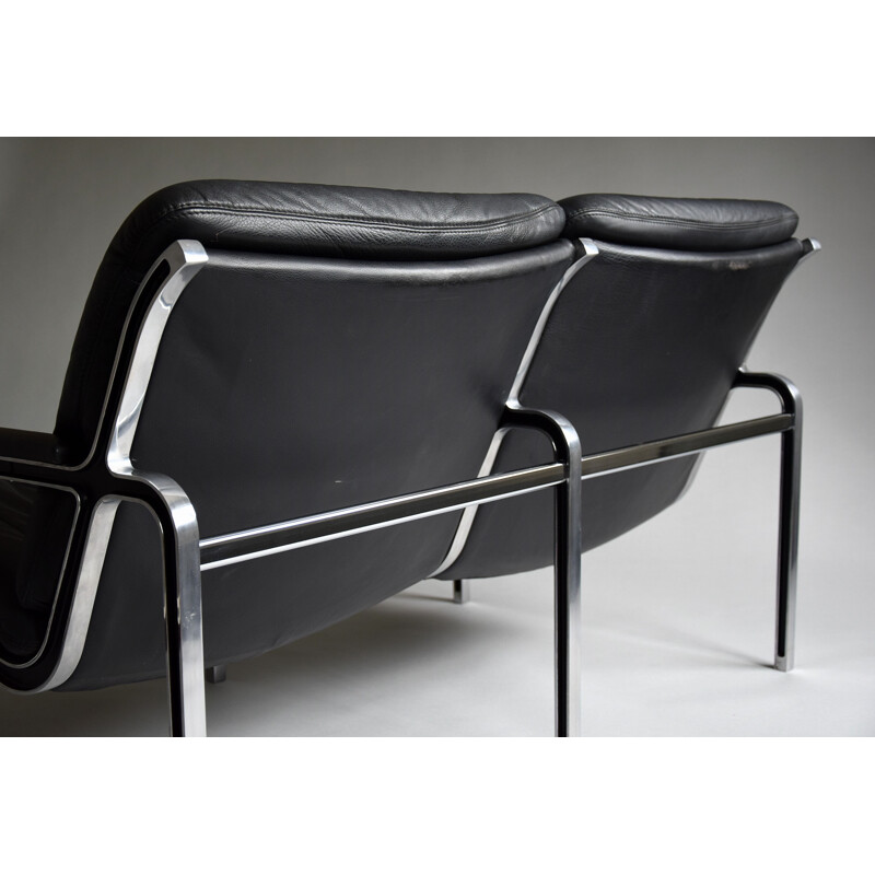 Vintage aluminium and black leather sofa by Andre Vanden Beuck for Strässle, 1960s