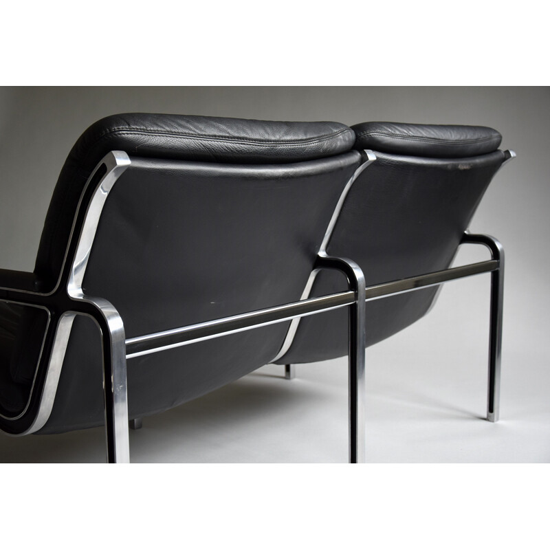 Vintage aluminium en zwart lederen sofa van Andre Vanden Beuck voor Strässle, 1960