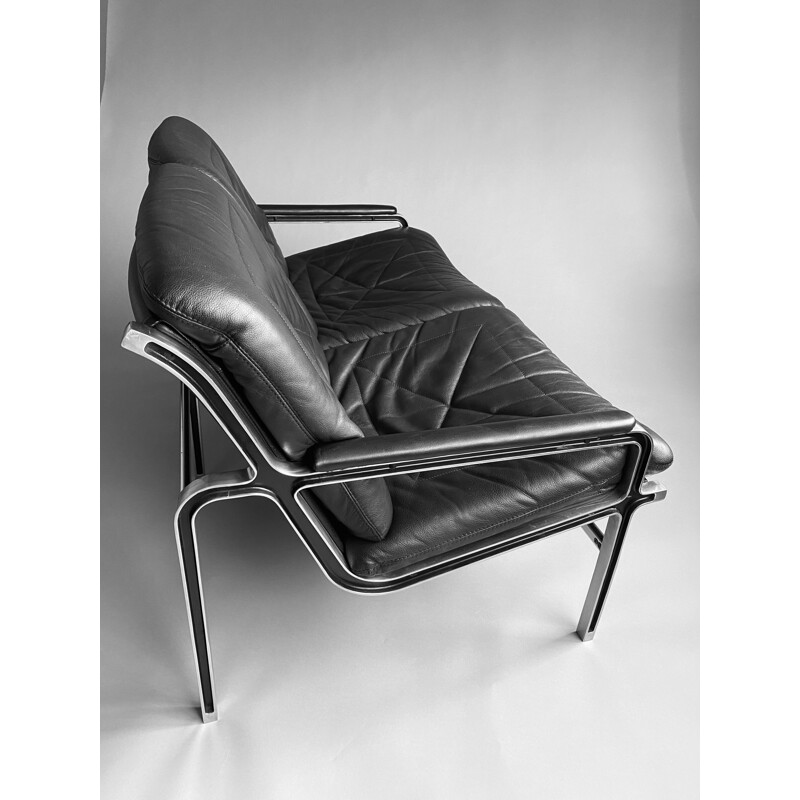 Sofá vintage de aluminio y cuero negro de Andre Vanden Beuck para Strässle, 1960