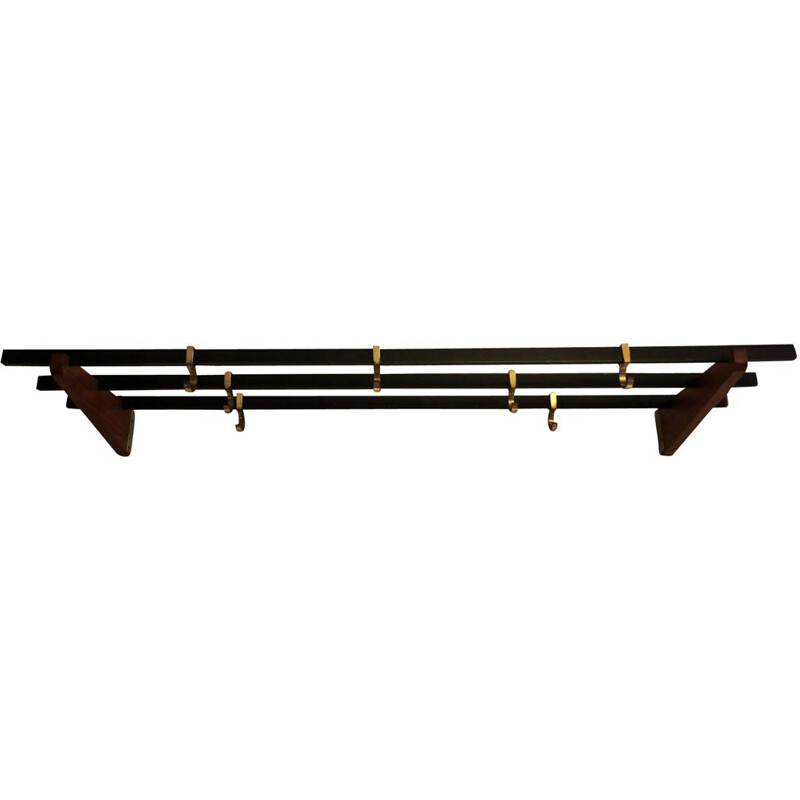 Vintage teak, brass and black metal coat rack, 1960s