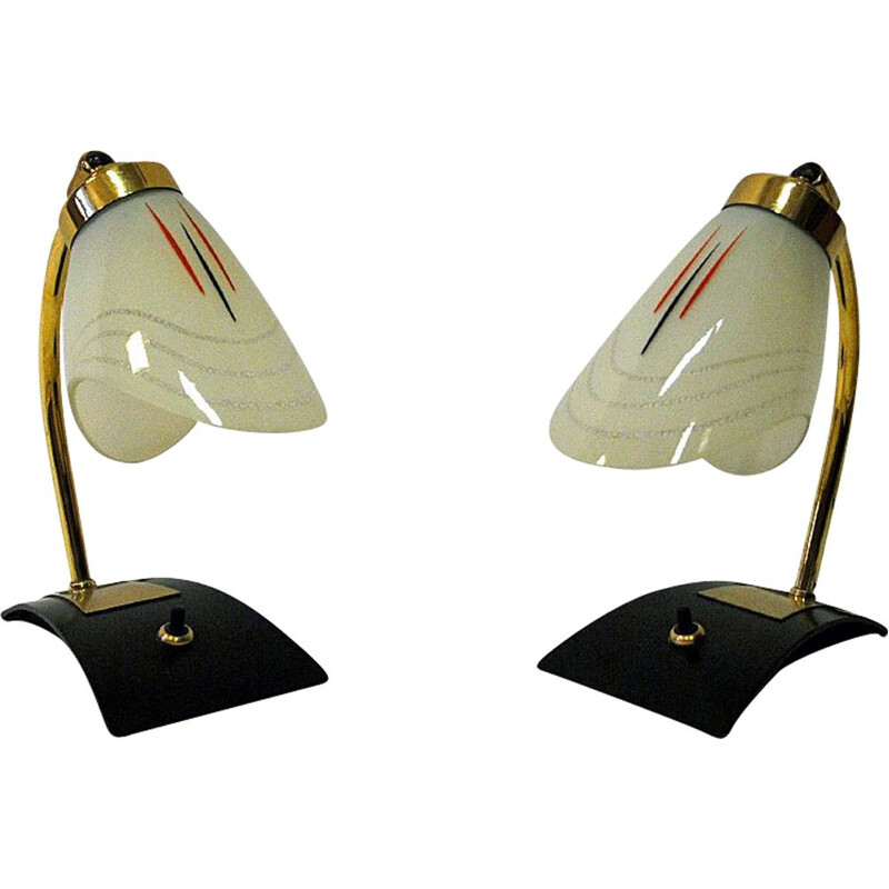 Scandinavian pair of vintage glass and brass table lamps, 1950s