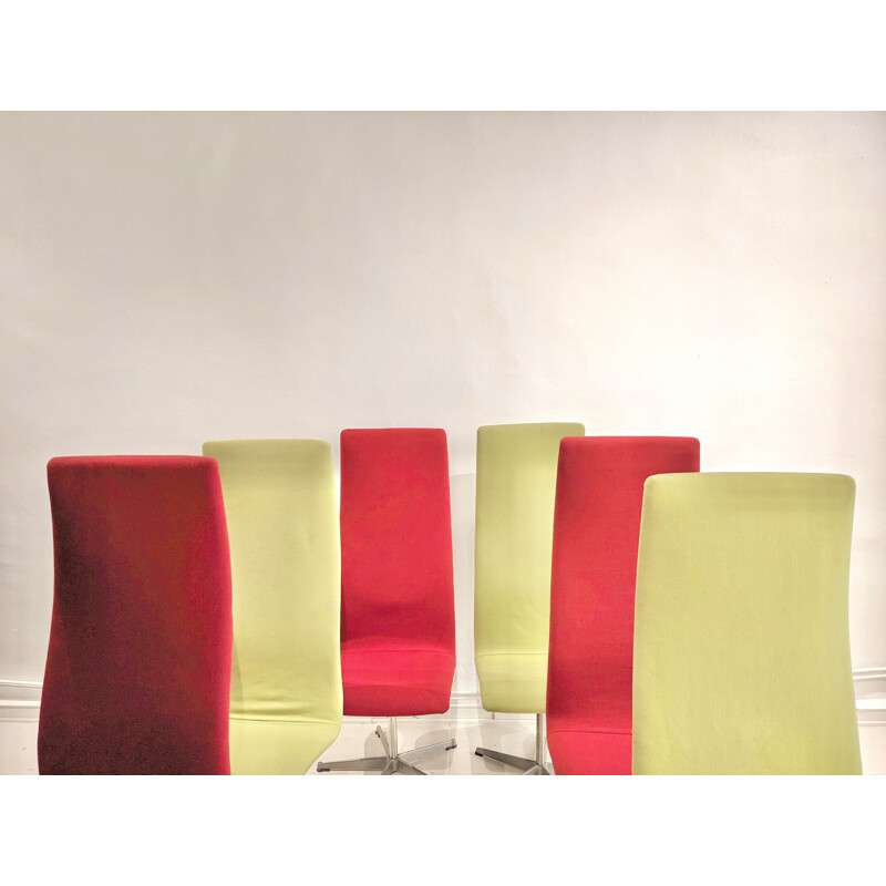 Satz von 6 Vintage Oxford Stühlen mit grünem und rotem Stoff von Arne Jacobsen für Fritz Hansen, 1970