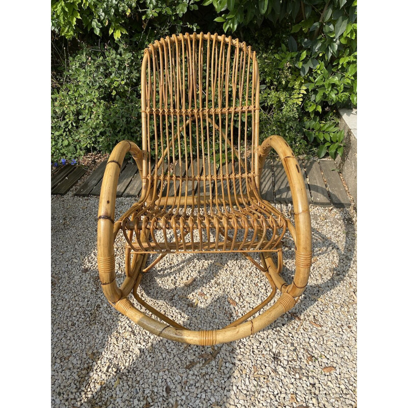 Chaise à bascule vintage en bambou et rotin par Francos Albini, 1950