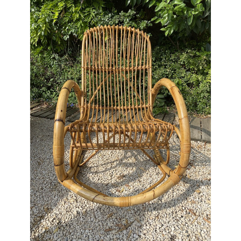 Sedia a dondolo vintage in bambù e rattan di Francos Albini, 1950