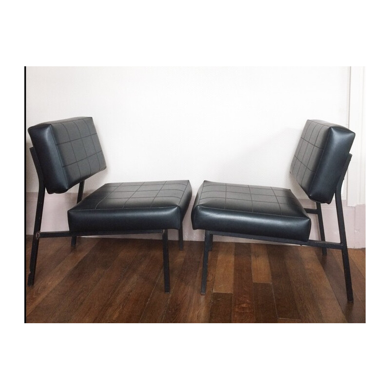 Pair of armchair in metal and black faux leather - 1960s