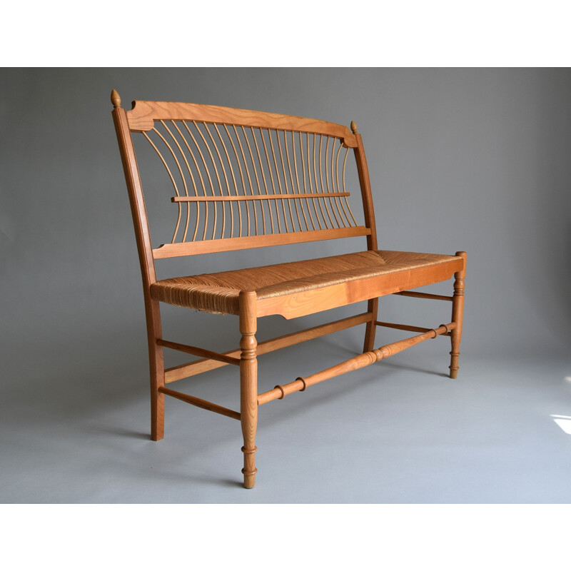 Vintage bench in pine wood and paper cord, Sweden