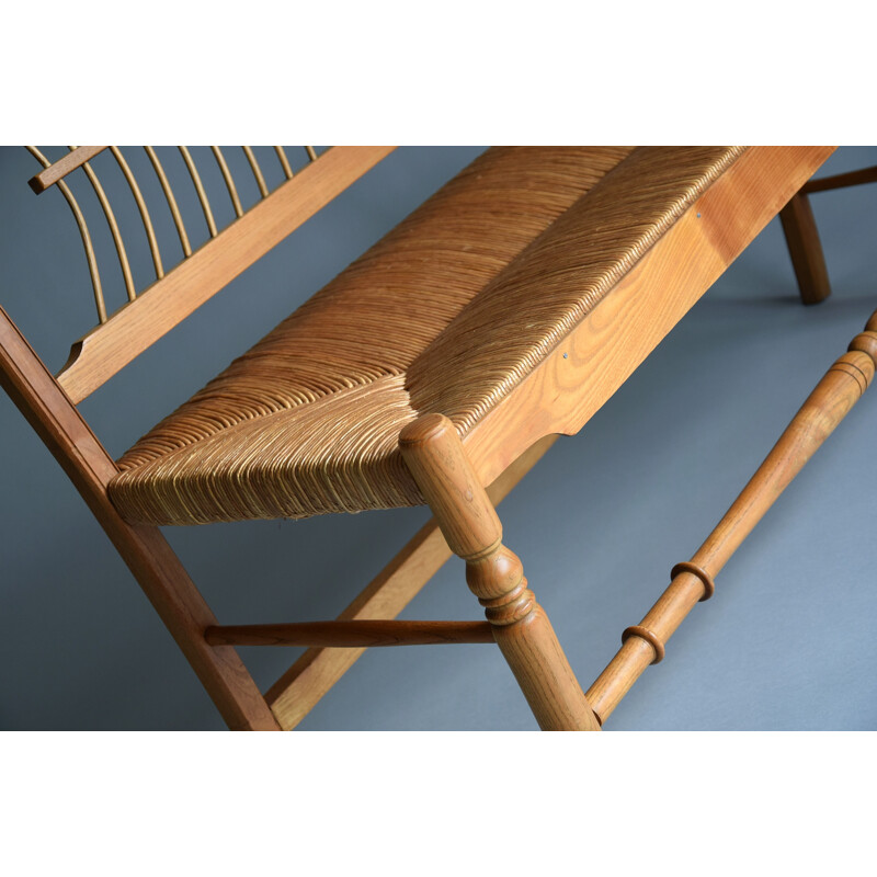 Vintage bench in pine wood and paper cord, Sweden