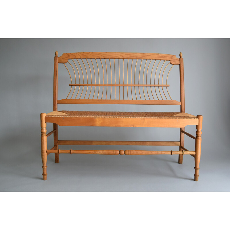 Vintage bench in pine wood and paper cord, Sweden