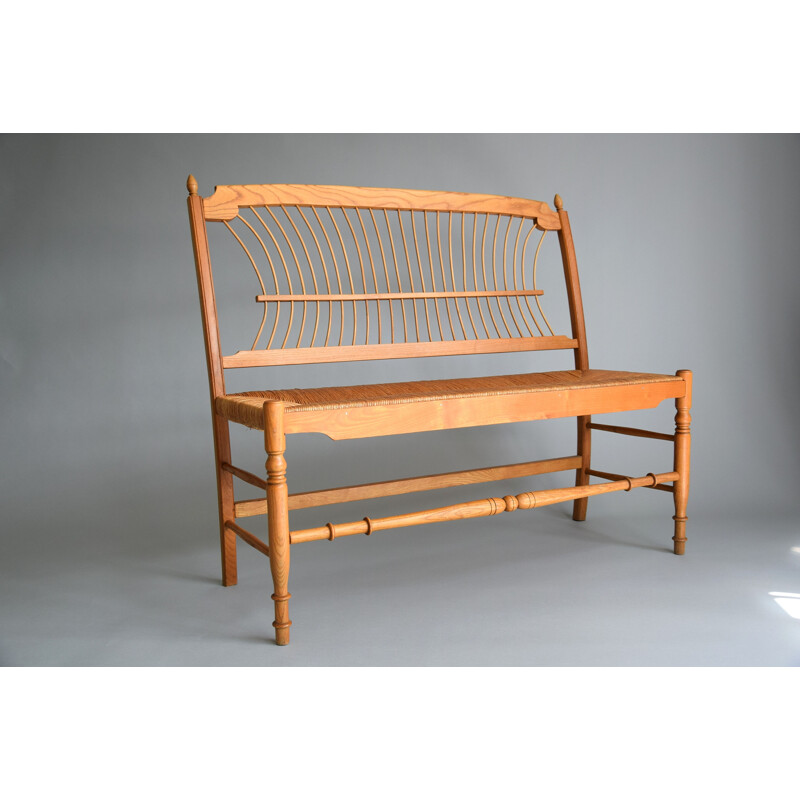 Vintage bench in pine wood and paper cord, Sweden