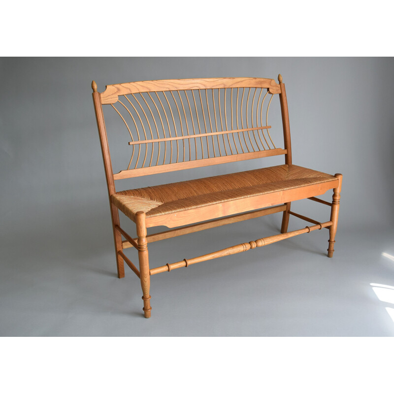 Vintage bench in pine wood and paper cord, Sweden