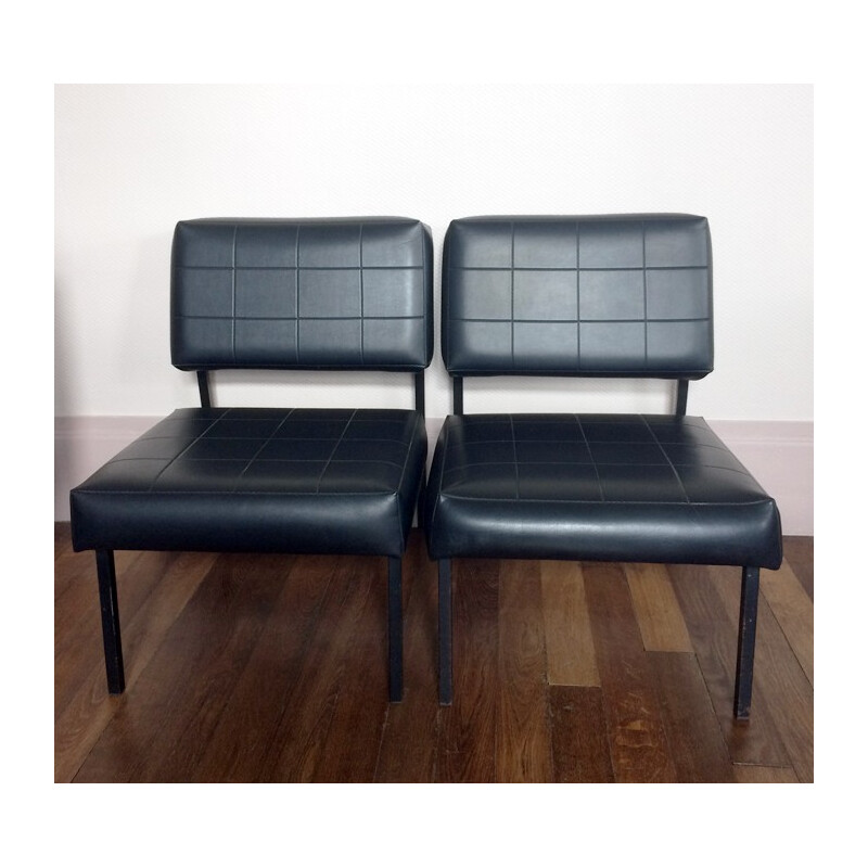 Pair of armchair in metal and black faux leather - 1960s