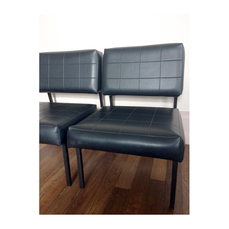 Pair of armchair in metal and black faux leather - 1960s