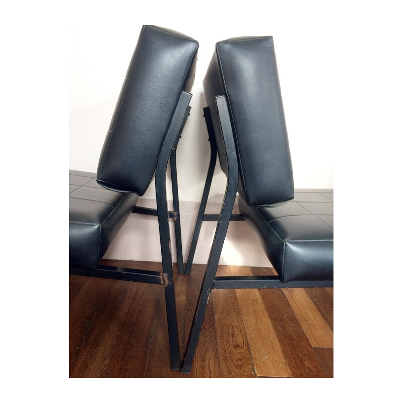 Pair of armchair in metal and black faux leather - 1960s