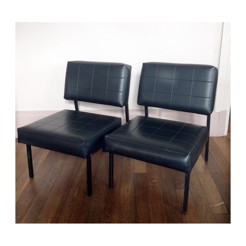 Pair of armchair in metal and black faux leather - 1960s