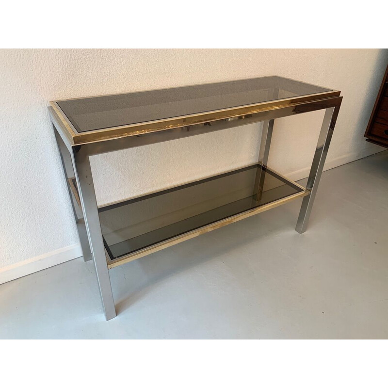 Vintage two-tone console in chrome brass and glass, Italy 1970