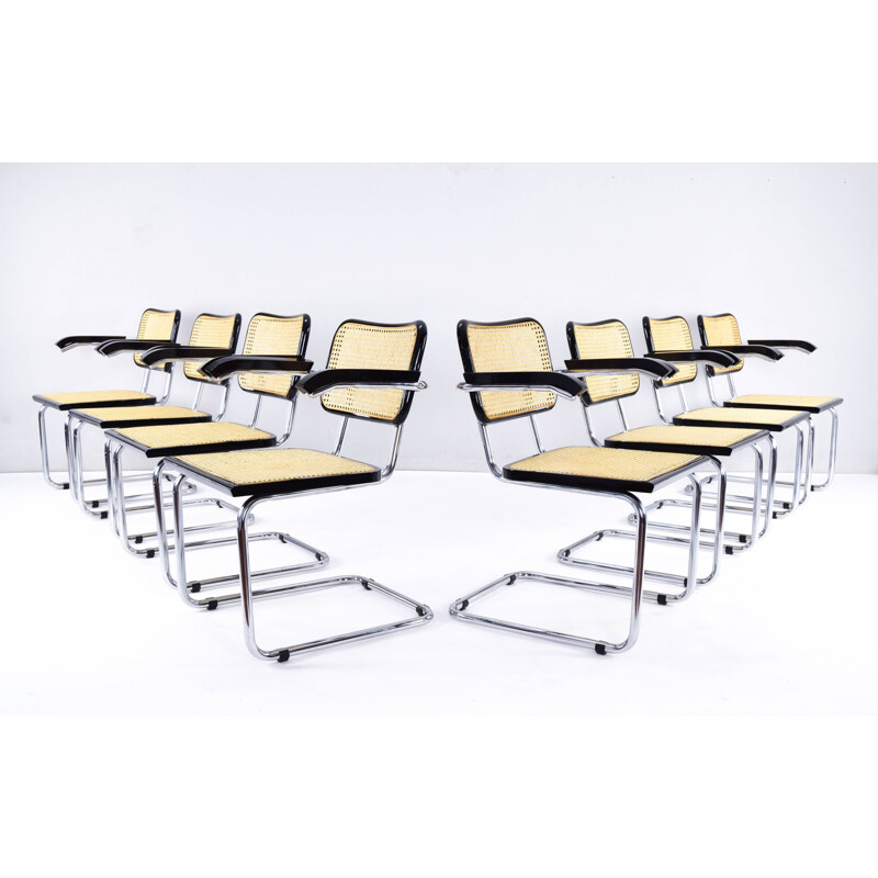 Lot de 8 chaises vintage Cesca B32 en bois de hêtre et en acier tubulaire par Marcel Breuer, Italie 1970